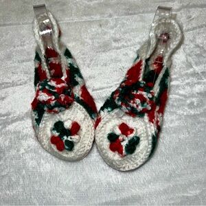 Vintage 80s‎ Hand Crochet Red Green White Flower Pompom House Slippers Sz OS EVC